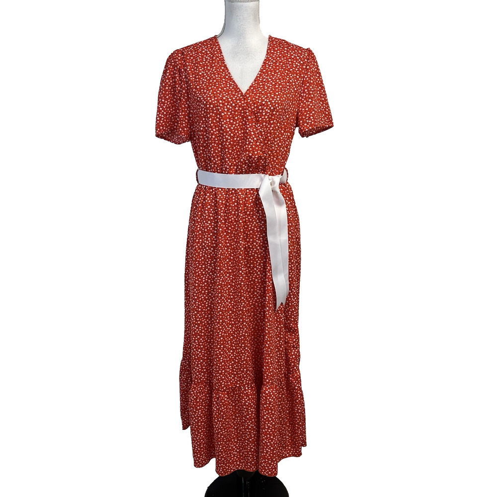Pretty Garden Dress size Medium Red White Floral Long Garden Party Church Modest